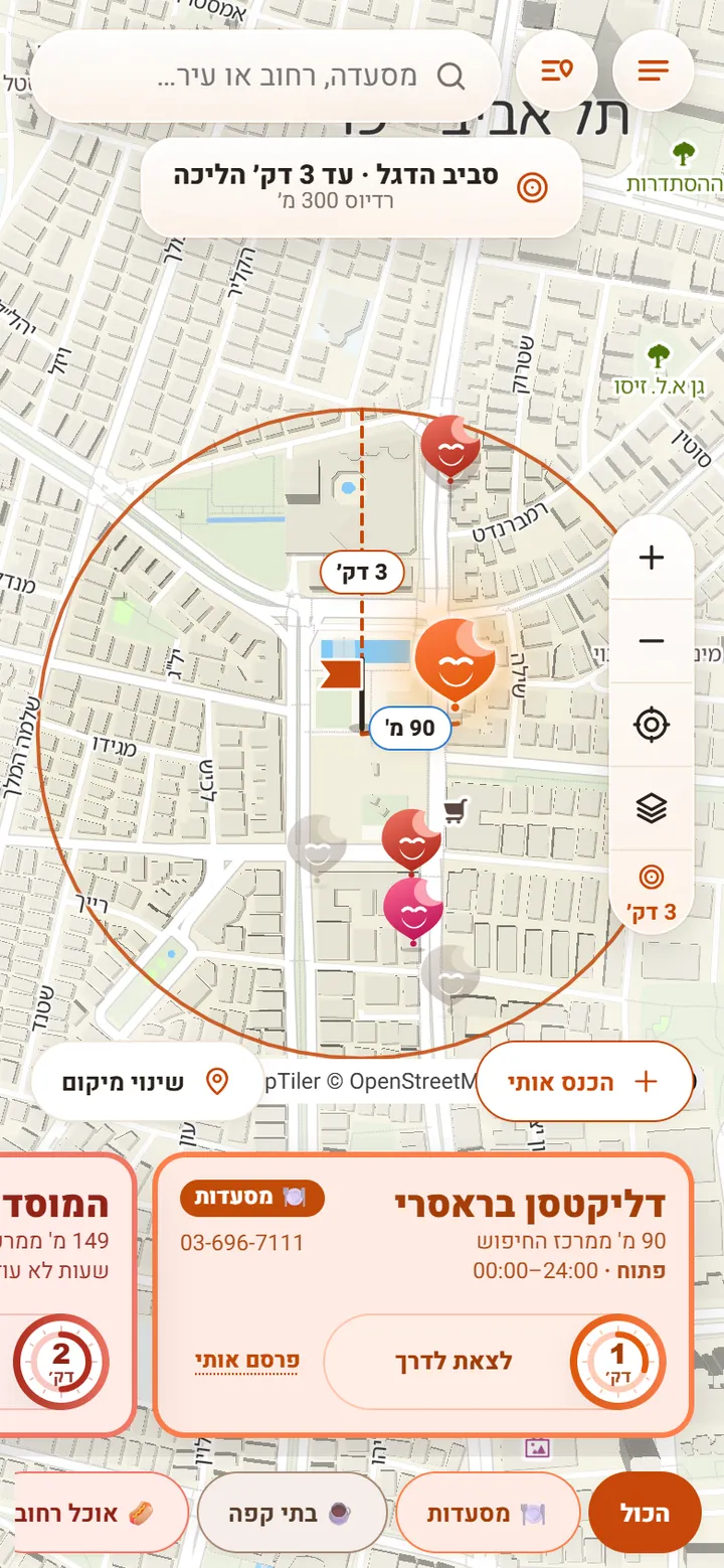 מפת FOOD15 עם טבעת של שלוש דקות הליכה וכרטיס מקום פתוח